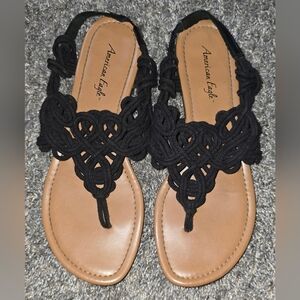 American Eagle Womens Black Woven Braided Sling Back Thong Flats Sandals Size 7